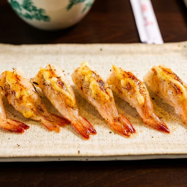 Six pieces of grilled shrimp nigiri with a creamy sauce and black pepper on a rectangular plate.