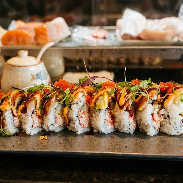 A sushi roll with eel, avocado, and roe, drizzled with sauce, on a dark plate.